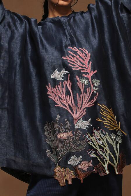 Oja_Blue Kaftan Tunic Handloom Silk, Pant Textured Leaf, Fish And Set _Online_at_Aza_Fashions