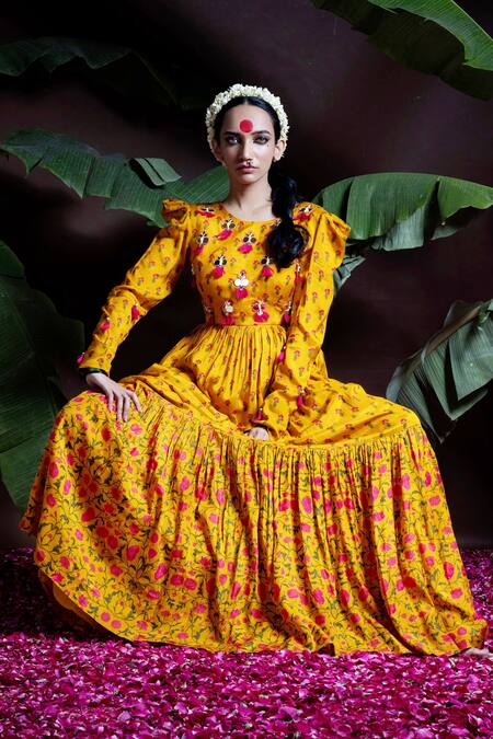 Yogita Kadam Yellow Muslin Floral Print Tiered Dress 2