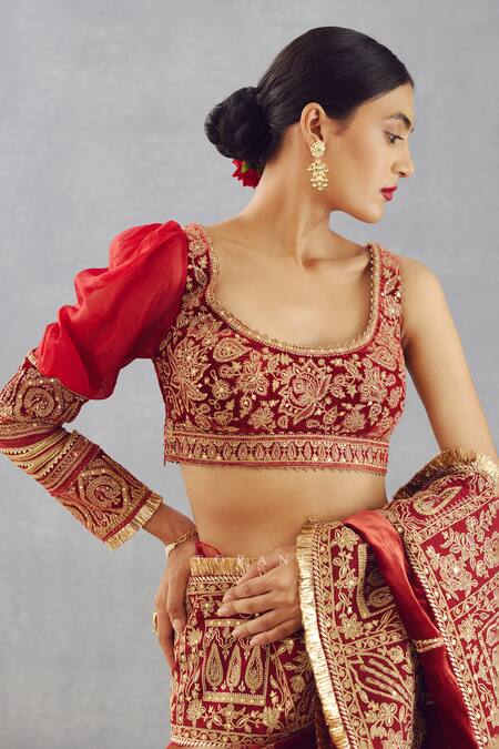 Buy_Torani_Red Velvet, Organza Adda Scoop Neck Sindoori Mahnoor One Sleeve Blouse _Online_at_Aza_Fashions