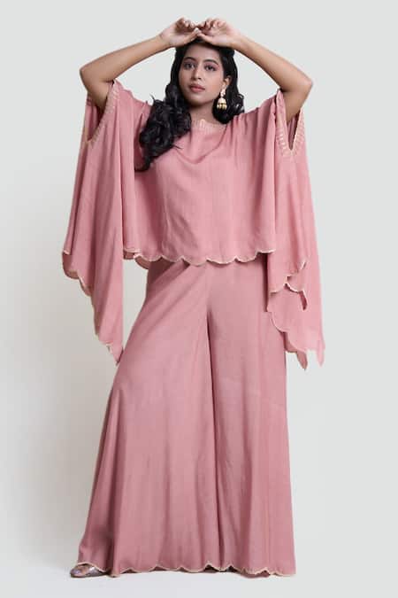 Shop Brij Pink Silk Embroidered Hem Cape And Flared Pant Set Online at Aza Fashions Shop_Brij_Pink Silk Embroidered Hem Cape And Flared Pant Set _Online_at_Aza_Fashions