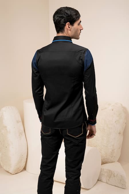 Shop Abkasa Black Cotton Panelled Shirt at Aza Fashions Shop_Abkasa_Black Cotton Panelled Shirt _at_Aza_Fashions