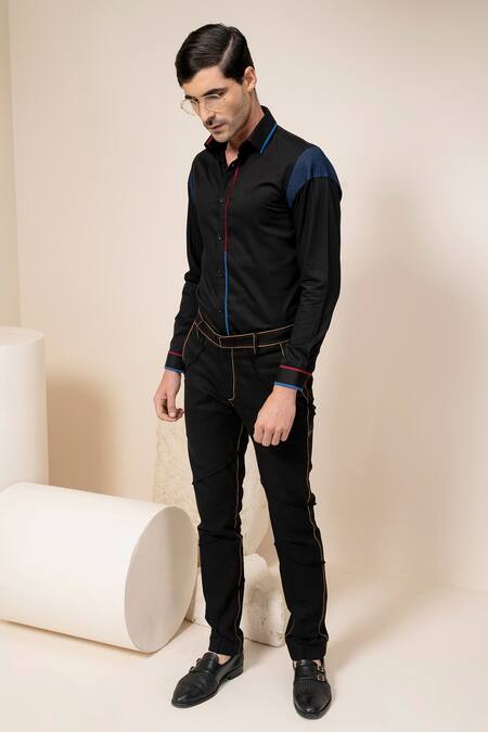 Abkasa Black Cotton Panelled Shirt Online at Aza Fashions Abkasa_Black Cotton Panelled Shirt _Online_at_Aza_Fashions