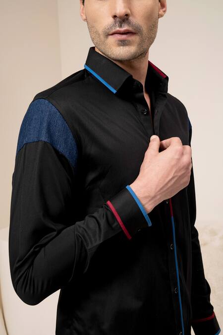 Shop Abkasa Black Cotton Panelled Shirt Online at Aza Fashions Shop_Abkasa_Black Cotton Panelled Shirt _Online_at_Aza_Fashions