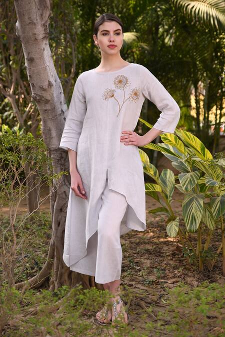 Buy_Linen Bloom_Grey 100% Linen Round Hand Embroidered Asymmetric Kurta_Online_at_Aza_Fashions