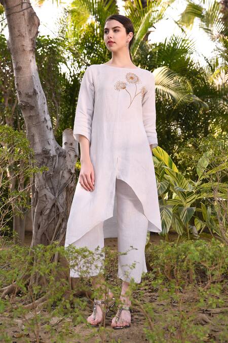 Shop_Linen Bloom_Grey 100% Linen Round Hand Embroidered Asymmetric Kurta_Online_at_Aza_Fashions