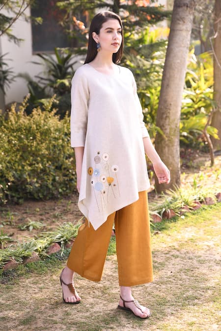 Buy_Linen Bloom_Beige 100% Linen Round Asymmetric Tunic _Online_at_Aza_Fashions