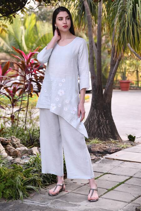 Shop_Linen Bloom_Blue 100% Linen Round Asymmetric Tunic _Online_at_Aza_Fashions