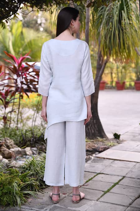 Shop_Linen Bloom_Blue 100% Linen Round Asymmetric Tunic _at_Aza_Fashions