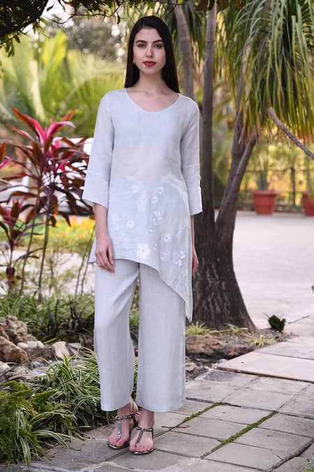 Linen Bloom_Blue 100% Linen Round Asymmetric Tunic _Online_at_Aza_Fashions