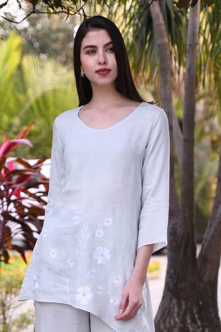 Buy_Linen Bloom_Blue 100% Linen Round Asymmetric Tunic _Online_at_Aza_Fashions