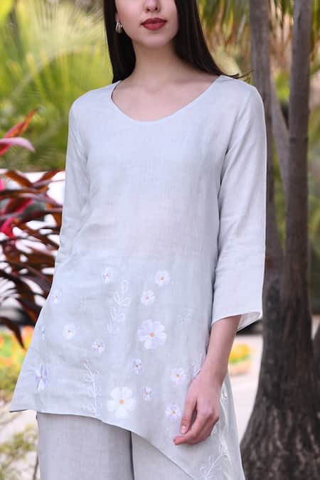 Linen Bloom_Blue 100% Linen Round Asymmetric Tunic _at_Aza_Fashions