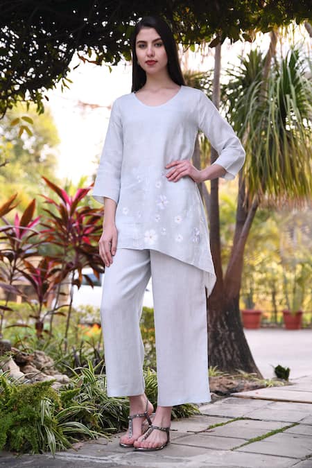 Shop_Linen Bloom_Blue 100% Linen Palazzo _at_Aza_Fashions