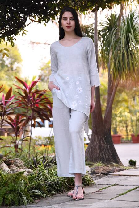 Buy_Linen Bloom_Blue 100% Linen Palazzo _Online_at_Aza_Fashions