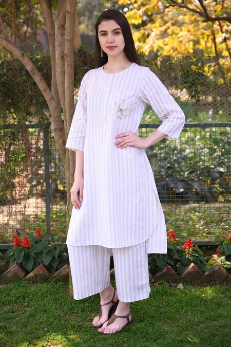 Buy_Linen Bloom_Beige 100% Linen Round Striped Tunic _Online_at_Aza_Fashions
