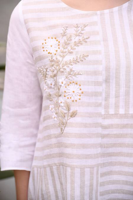 Linen Bloom_Beige 100% Linen Round Striped Tunic _at_Aza_Fashions