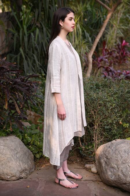 Buy_Linen Bloom_Beige 100% Linen Open Jacket _Online_at_Aza_Fashions