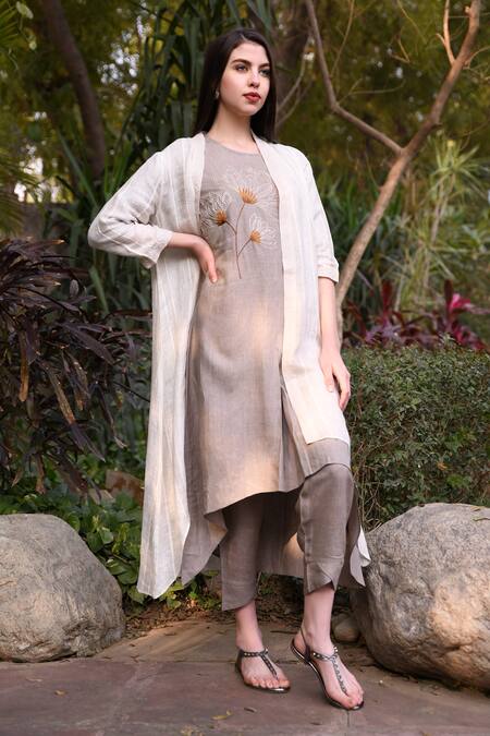 Shop_Linen Bloom_Beige 100% Linen Open Jacket _Online_at_Aza_Fashions