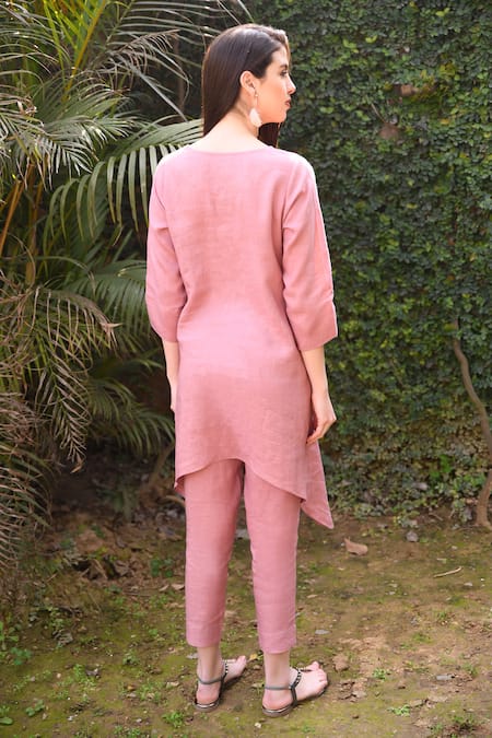 Shop_Linen Bloom_Pink 100% Linen Round Embroidered Tunic _at_Aza_Fashions