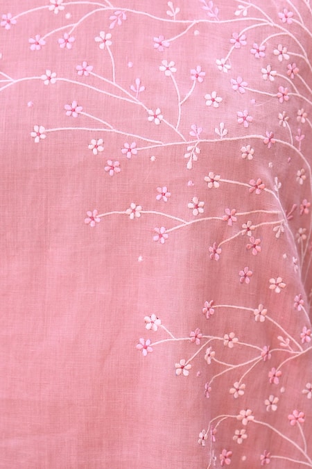 Linen Bloom_Pink 100% Linen Round Embroidered Tunic _at_Aza_Fashions
