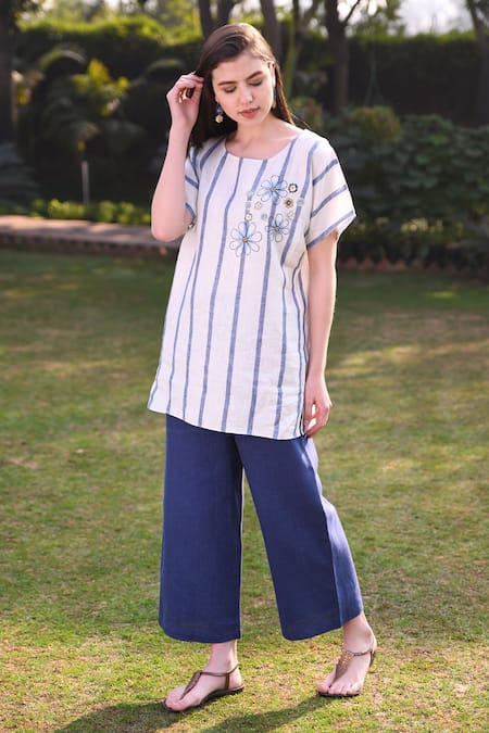Linen Bloom_White 100% Linen Round Embroidered Top _Online_at_Aza_Fashions