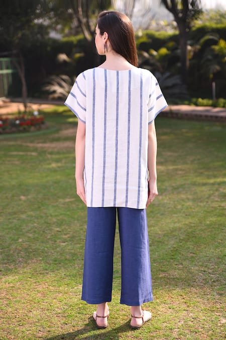 Shop_Linen Bloom_White 100% Linen Round Embroidered Top _at_Aza_Fashions