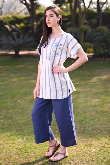 Buy_Linen Bloom_White 100% Linen Round Embroidered Top _Online_at_Aza_Fashions