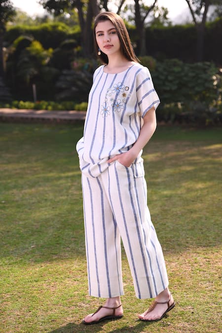 Shop_Linen Bloom_White 100% Linen Round Embroidered Top _Online_at_Aza_Fashions