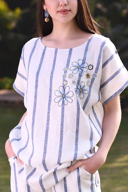 Linen Bloom_White 100% Linen Round Embroidered Top _at_Aza_Fashions