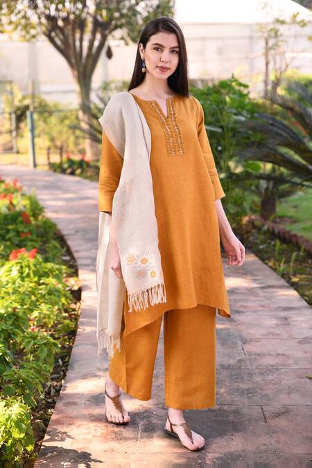 Linen Bloom_Yellow 100% Linen Notched Embroidered Tunic _Online_at_Aza_Fashions