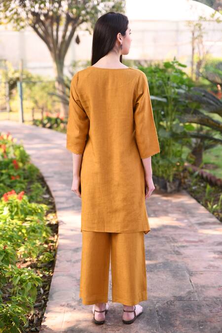 Shop_Linen Bloom_Yellow 100% Linen Notched Embroidered Tunic _at_Aza_Fashions