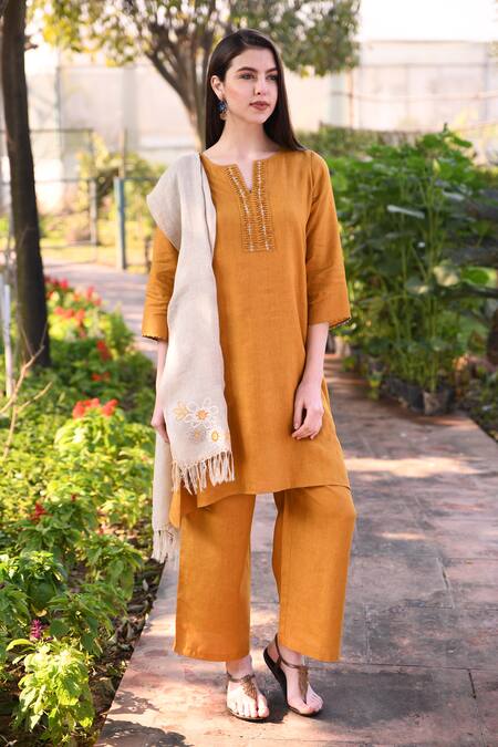 Buy_Linen Bloom_Yellow 100% Linen Notched Embroidered Tunic _Online_at_Aza_Fashions