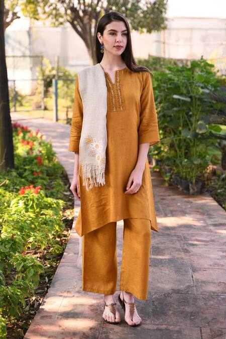 Shop_Linen Bloom_Yellow 100% Linen Notched Embroidered Tunic _Online_at_Aza_Fashions