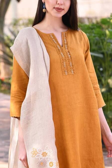 Linen Bloom_Yellow 100% Linen Notched Embroidered Tunic _at_Aza_Fashions