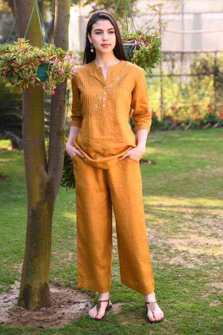 Linen Bloom_Yellow 100% Linen Notched Embroidered Top _Online_at_Aza_Fashions