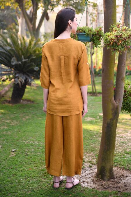 Shop_Linen Bloom_Yellow 100% Linen Notched Embroidered Top _at_Aza_Fashions