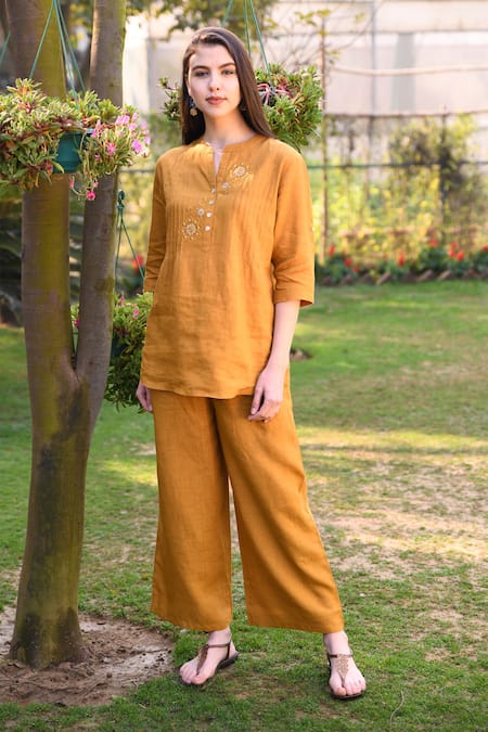 Shop_Linen Bloom_Yellow 100% Linen Notched Embroidered Top _Online_at_Aza_Fashions