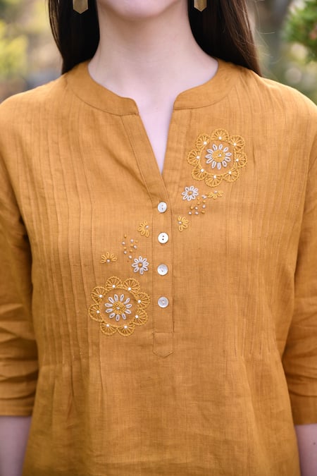 Linen Bloom_Yellow 100% Linen Notched Embroidered Top _at_Aza_Fashions