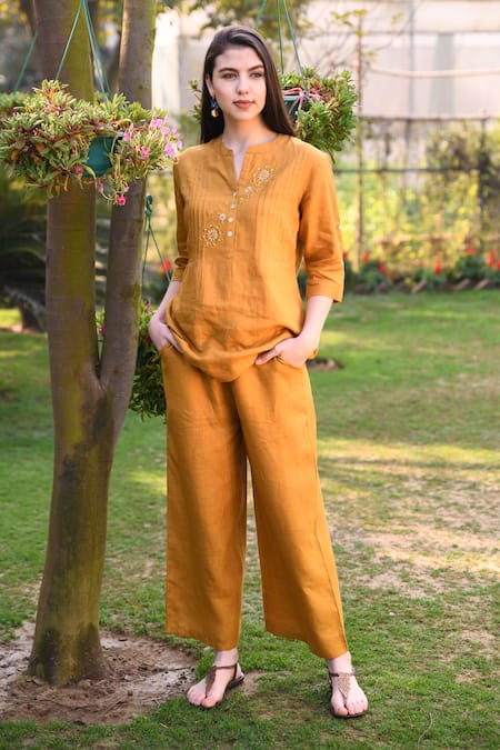 Shop_Linen Bloom_Yellow 100% Linen Pant _at_Aza_Fashions
