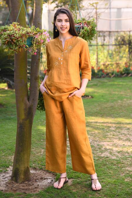 Linen Bloom_Yellow 100% Linen Pant _Online_at_Aza_Fashions