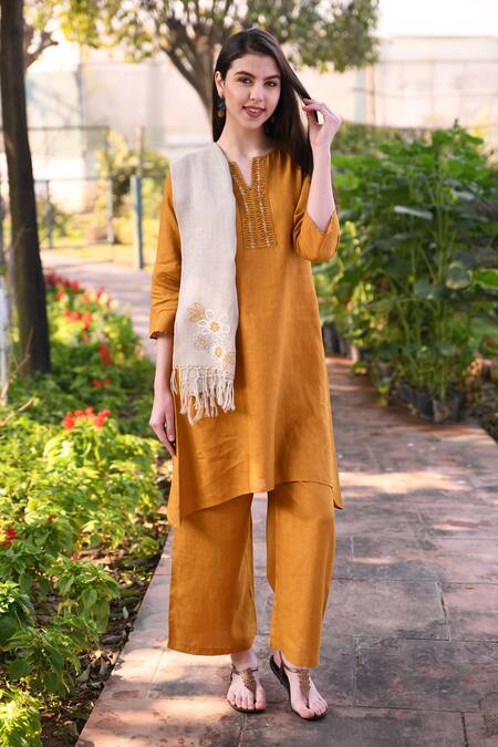 Linen Bloom_Beige Embroidery, Tassels Linen Scarf _Online_at_Aza_Fashions