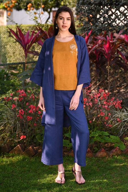 Buy_Linen Bloom_Blue 100% Linen Open Jacket _Online_at_Aza_Fashions