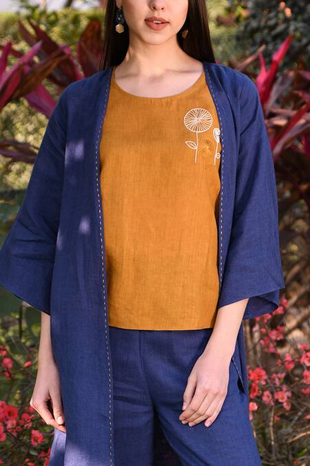 Linen Bloom_Blue 100% Linen Open Jacket _at_Aza_Fashions
