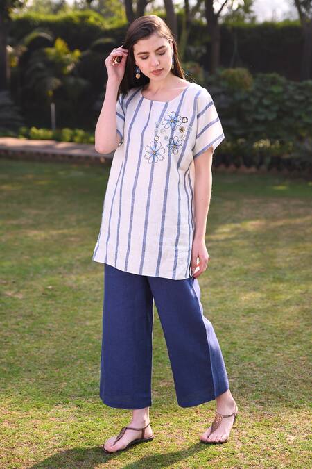 Buy_Linen Bloom_Blue 100% Linen Palazzo _Online_at_Aza_Fashions