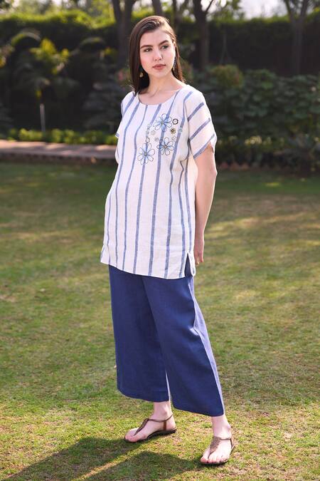 Linen Bloom_Blue 100% Linen Palazzo _Online_at_Aza_Fashions