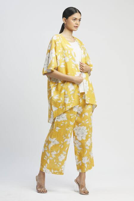 Linen Bloom_Yellow 100% Linen Open Printed Jacket_Online_at_Aza_Fashions
