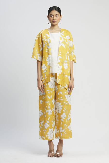 Shop_Linen Bloom_Yellow 100% Linen Open Printed Jacket_Online_at_Aza_Fashions