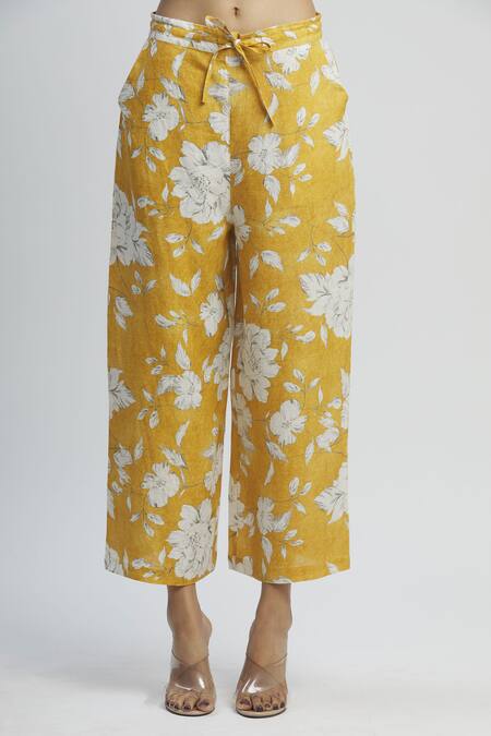 Linen Bloom Yellow 100% Linen Printed Pant Online at Aza Fashions Linen Bloom_Yellow 100% Linen Printed Pant_Online_at_Aza_Fashions