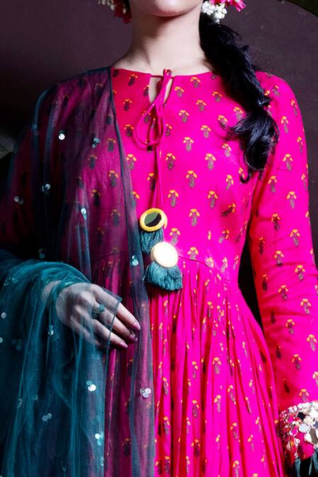 Yogita Kadam_Pink Muslin Printed Floral Motifs Round Anarkali And Dupatta Set _Online_at_Aza_Fashions