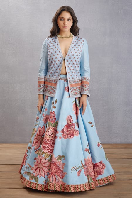 Torani_Blue Cotton Silk, Handwoven Chanderi Chintz Jacket Samsara Gooncha Lehenga Set _Online_at_Aza_Fashions