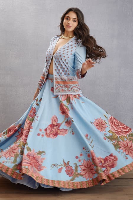 Buy_Torani_Blue Cotton Silk, Handwoven Chanderi Chintz Jacket Samsara Gooncha Lehenga Set _Online_at_Aza_Fashions